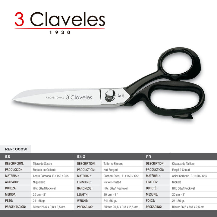 3 Claveles - Tijeras Multiuso Profesionales Forjadas Tipo Sastre de 20 cm - 8"