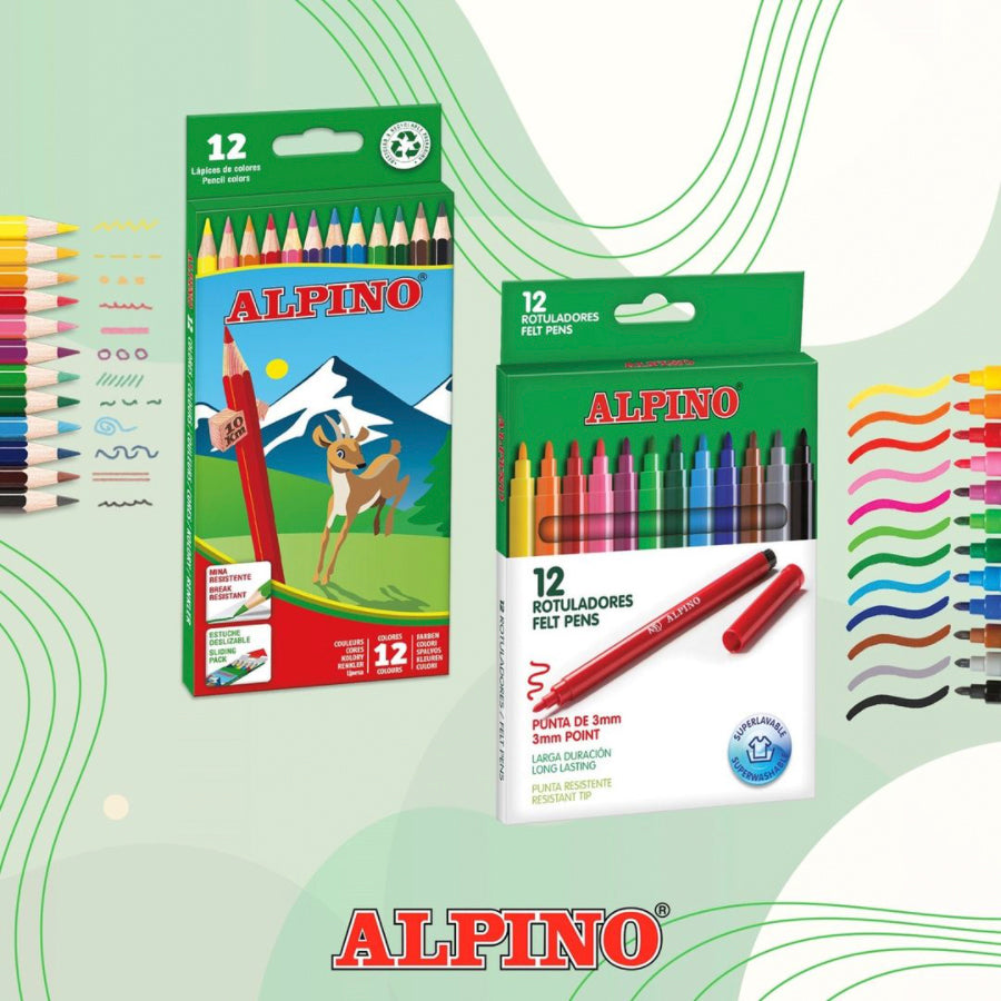 ALPINO - Caja de 12 Rotuladores de Colores con Punta Resistente de 3mm Tinta Lavable