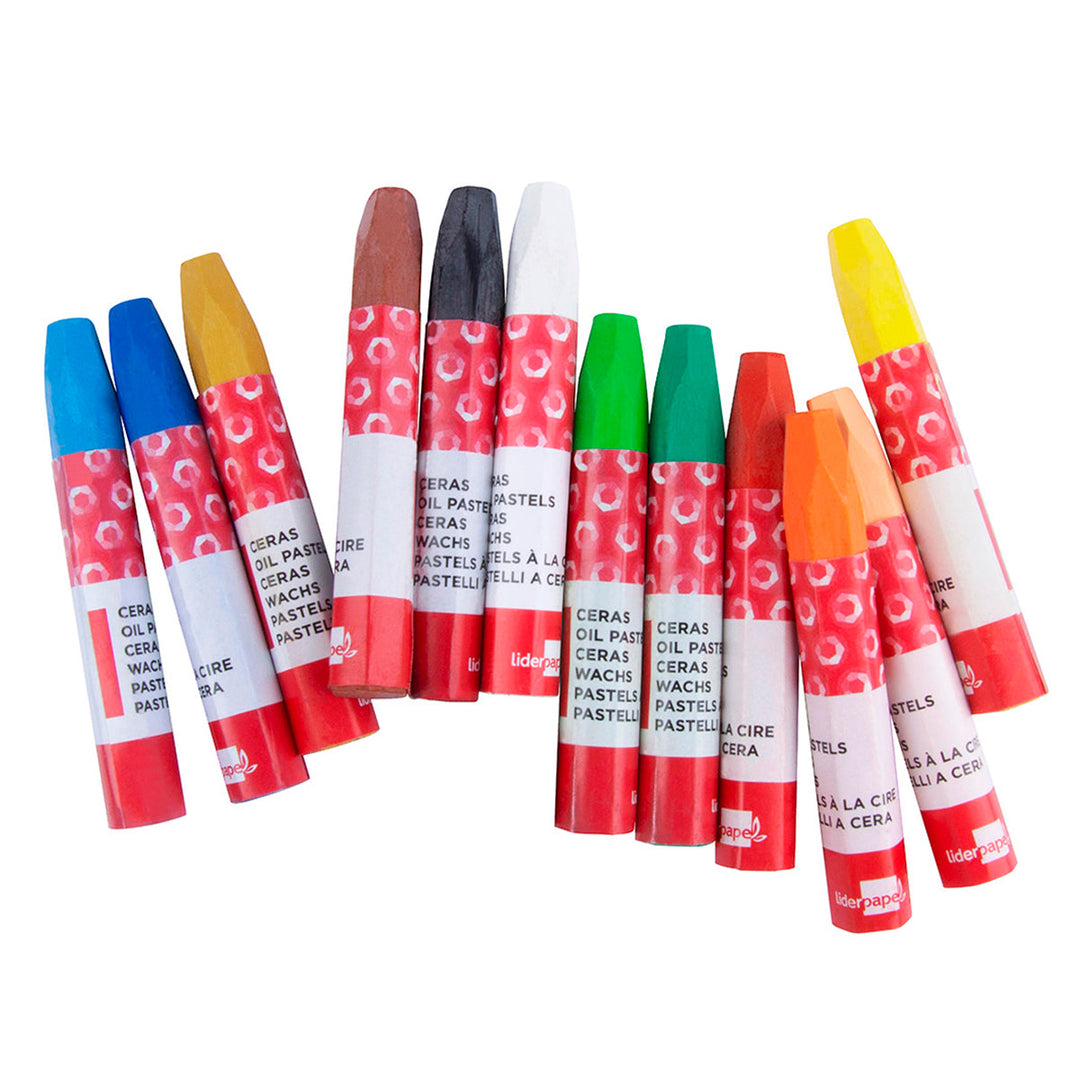 LIDERPAPEL - Lápices de Cera Blanda, Caja con 12 Colores Surtidos