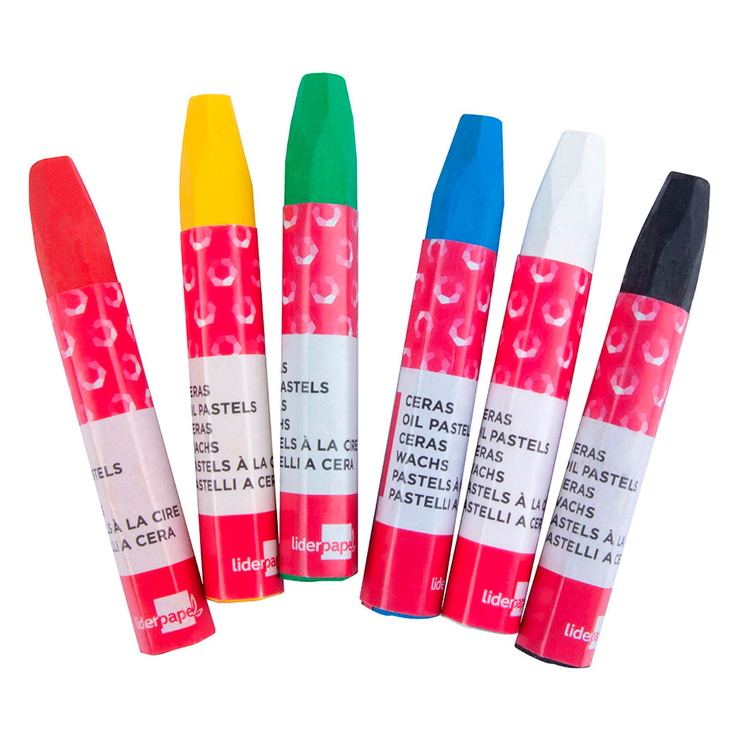 LIDERPAPEL - Lápices de Cera Blanda, Caja con 6 Colores Surtidos
