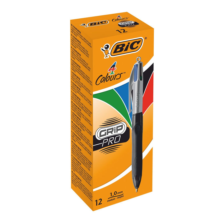 BIC 8922931 - Bolígrafo de Punta Retráctil de 4 Colores GRIP PRO. Color Gris y Negro