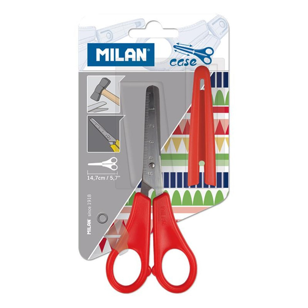 MILAN 1409824 - Tijeras Escolares de Punta Redonda con Funda, 14.7 cm
