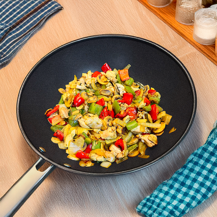 LACOR Foodie - Sartén Wok 28 cm de Acero Inox. y QuanTanium con Fondo Termo Difusor