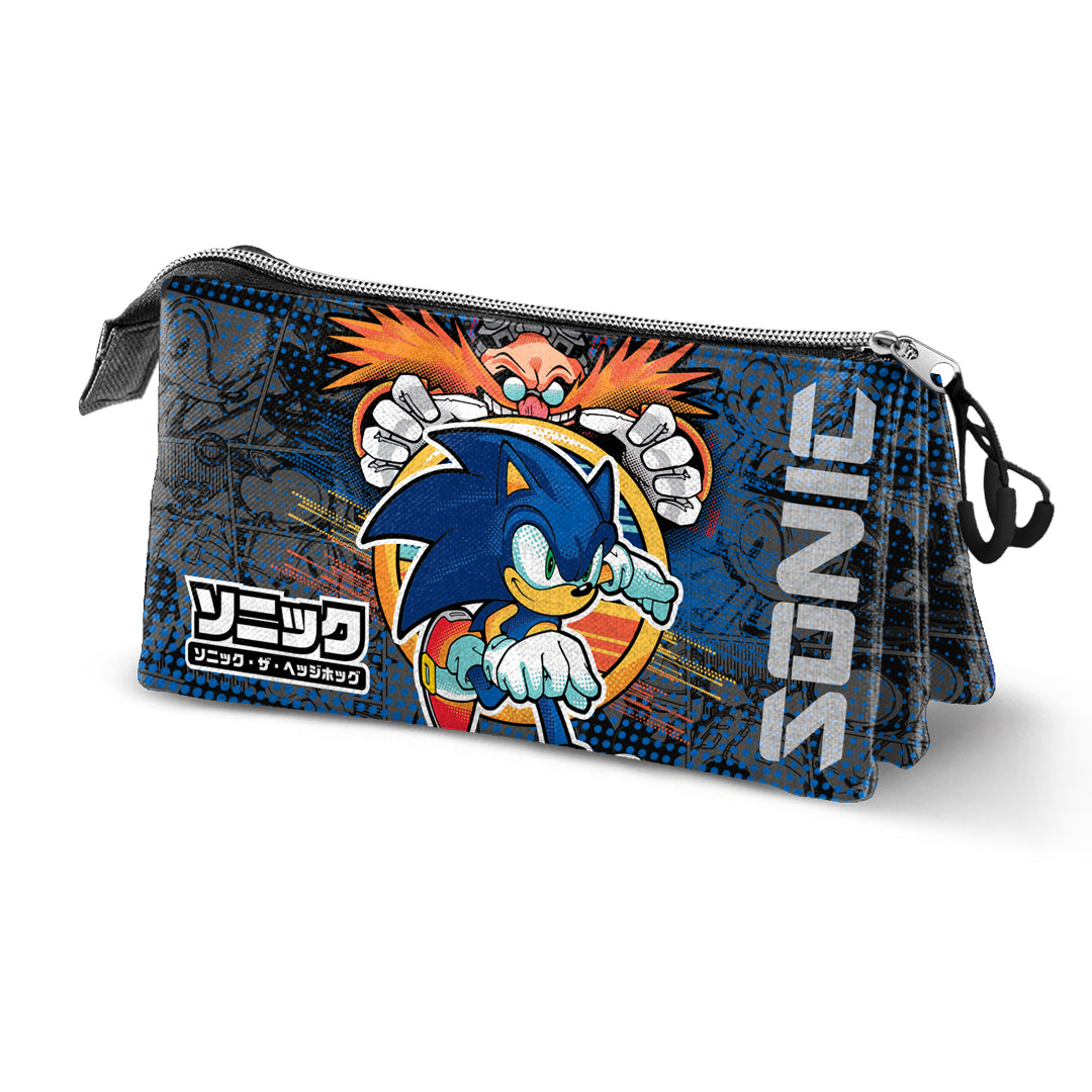 SONIC Checkpoint - Estuche Escolar Triple Portatodo con 2 Cremalleras. Azul