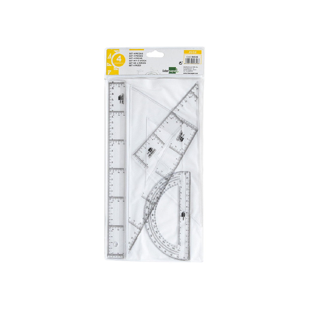 LIDERPAPEL - Juego Escuadra y Cartabon 25cm Regla 30cm y Semicirculo 15cm Liderpapel en Petaca Incolora