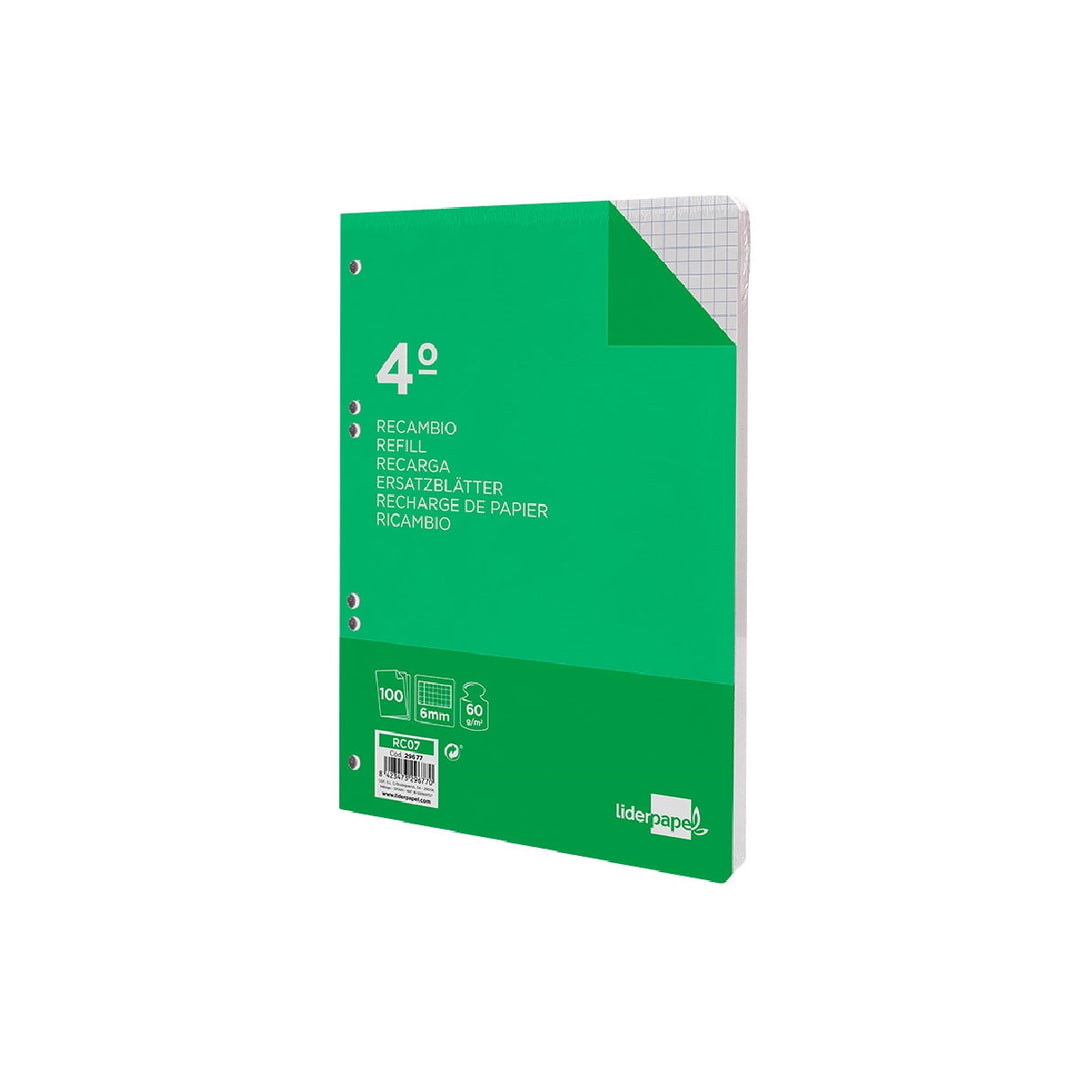 LIDERPAPEL - Recambio Liderpapel Cuarto 100 Hojas 60g/M2 Cuadro 6mm Con Margen 6 Taladros
