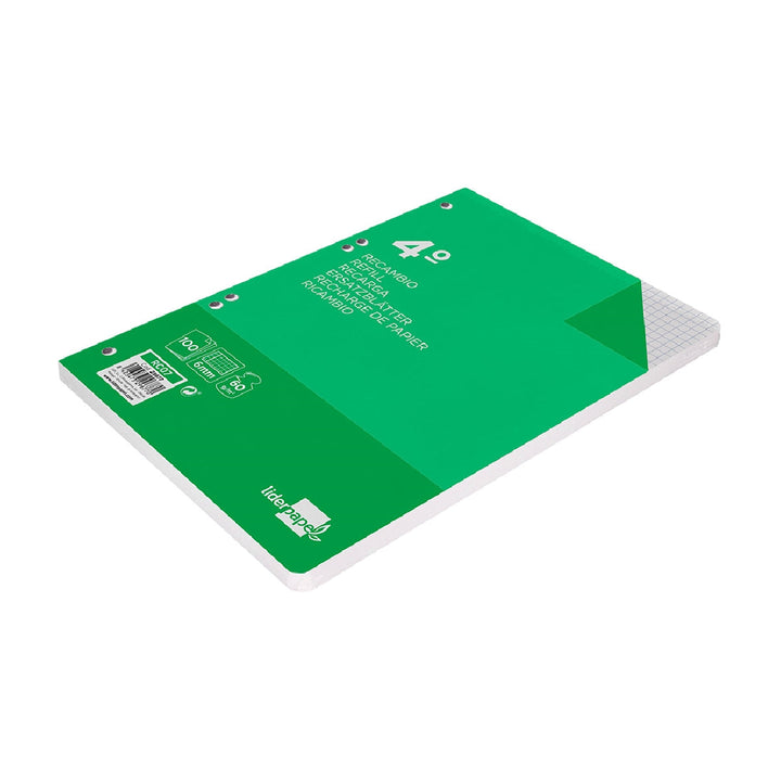 LIDERPAPEL - Recambio Liderpapel Cuarto 100 Hojas 60g/M2 Cuadro 6mm Con Margen 6 Taladros