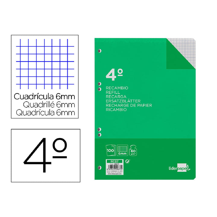 LIDERPAPEL - Recambio Liderpapel Cuarto 100 Hojas 60g/M2 Cuadro 6mm Con Margen 6 Taladros
