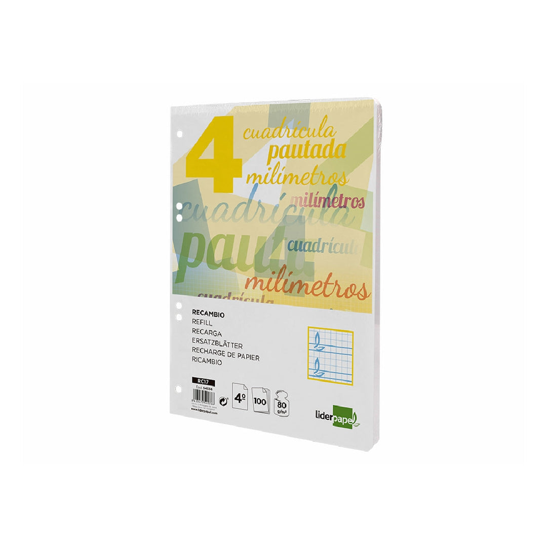 LIDERPAPEL - Recambio Liderpapel Cuarto Pautaguia 100 Hojas 75 G Cuadriculado Pautado 4 mm Con Margen 6 Taladros