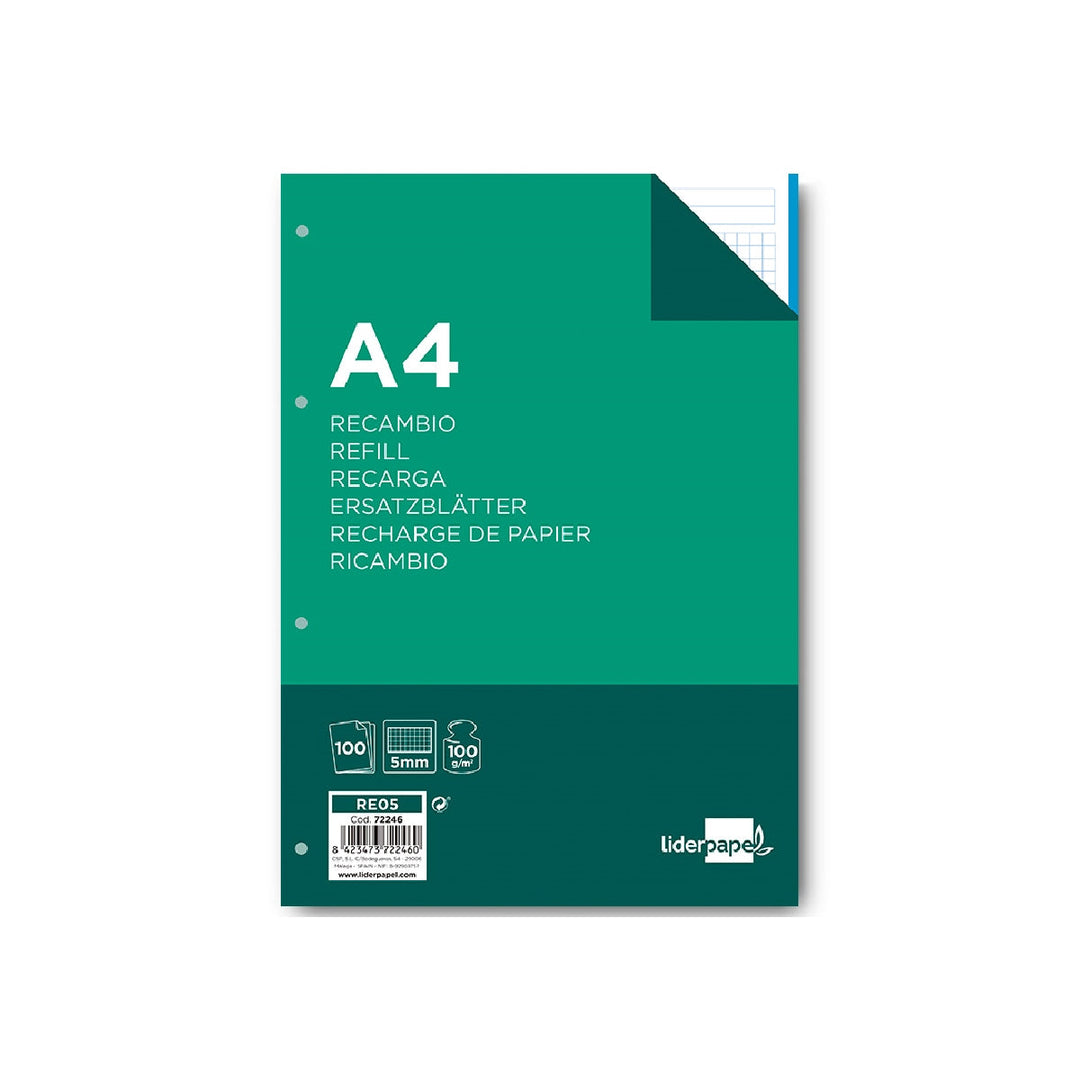 LIDERPAPEL - Recambio Liderpapel A4 100 Hojas 100g/M2 Cuadro 5mm 4 Taladros Bandas de 5 Colores