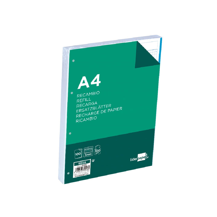 LIDERPAPEL - Recambio Liderpapel A4 100 Hojas 100g/M2 Cuadro 5mm 4 Taladros Bandas de 5 Colores