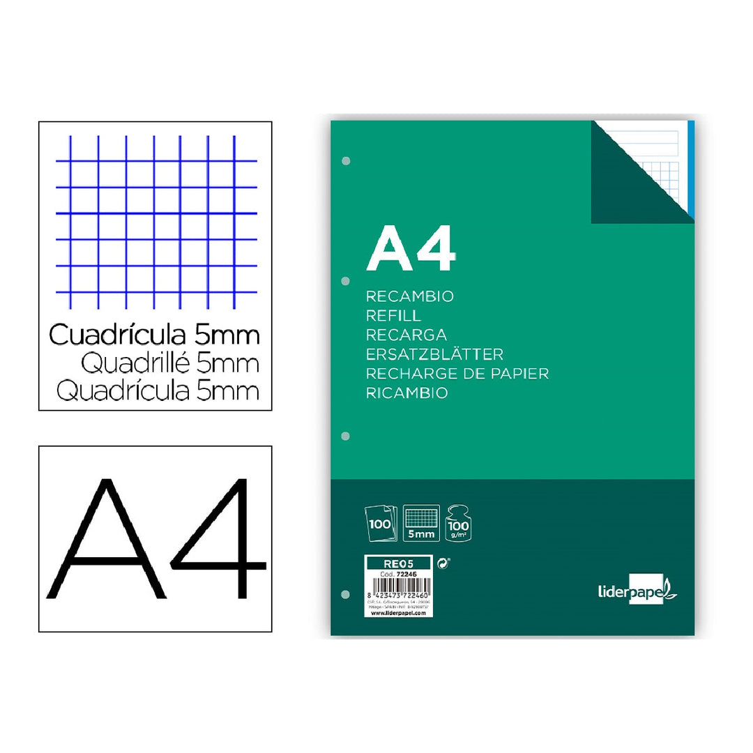 LIDERPAPEL - Recambio Liderpapel A4 100 Hojas 100g/M2 Cuadro 5mm 4 Taladros Bandas de 5 Colores