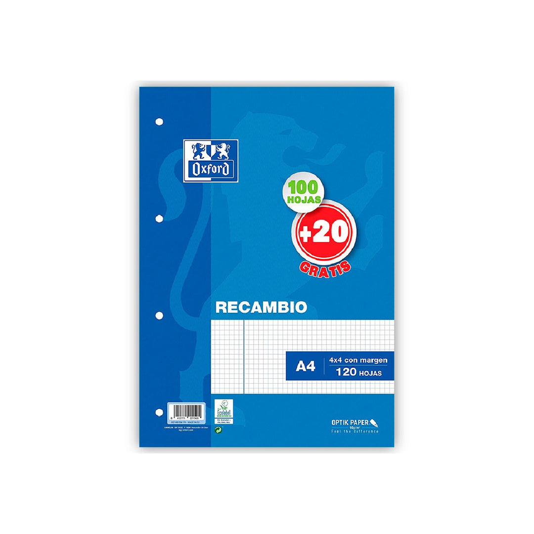 OXFORD - Recambio Oxford A4 100 + 20 Hojas Gratis 90 GR Cuadro 4mm 4 Taladros