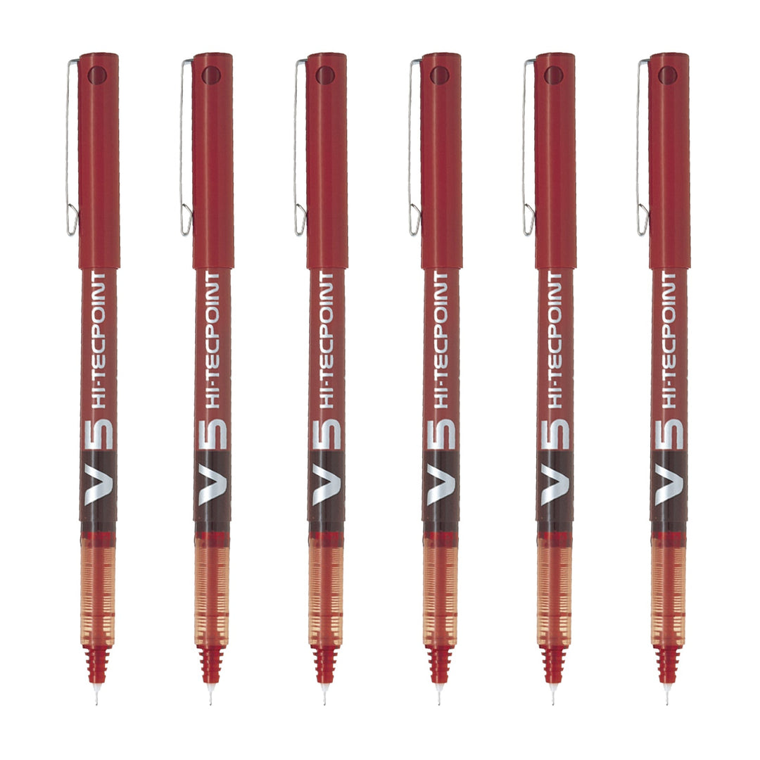 PILOT - Set de 6 Bolígrafos Roller V5 HI-TECPOINT Punta Extra Fina 0.5 mm. Rojo