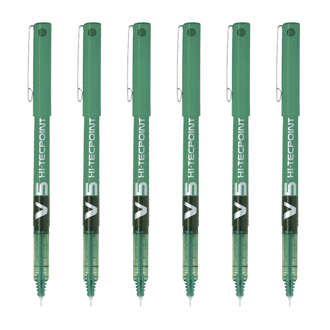 PILOT - Set de 6 Bolígrafos Roller V5 HI-TECPOINT Punta Extra Fina 0.5 mm. Verde