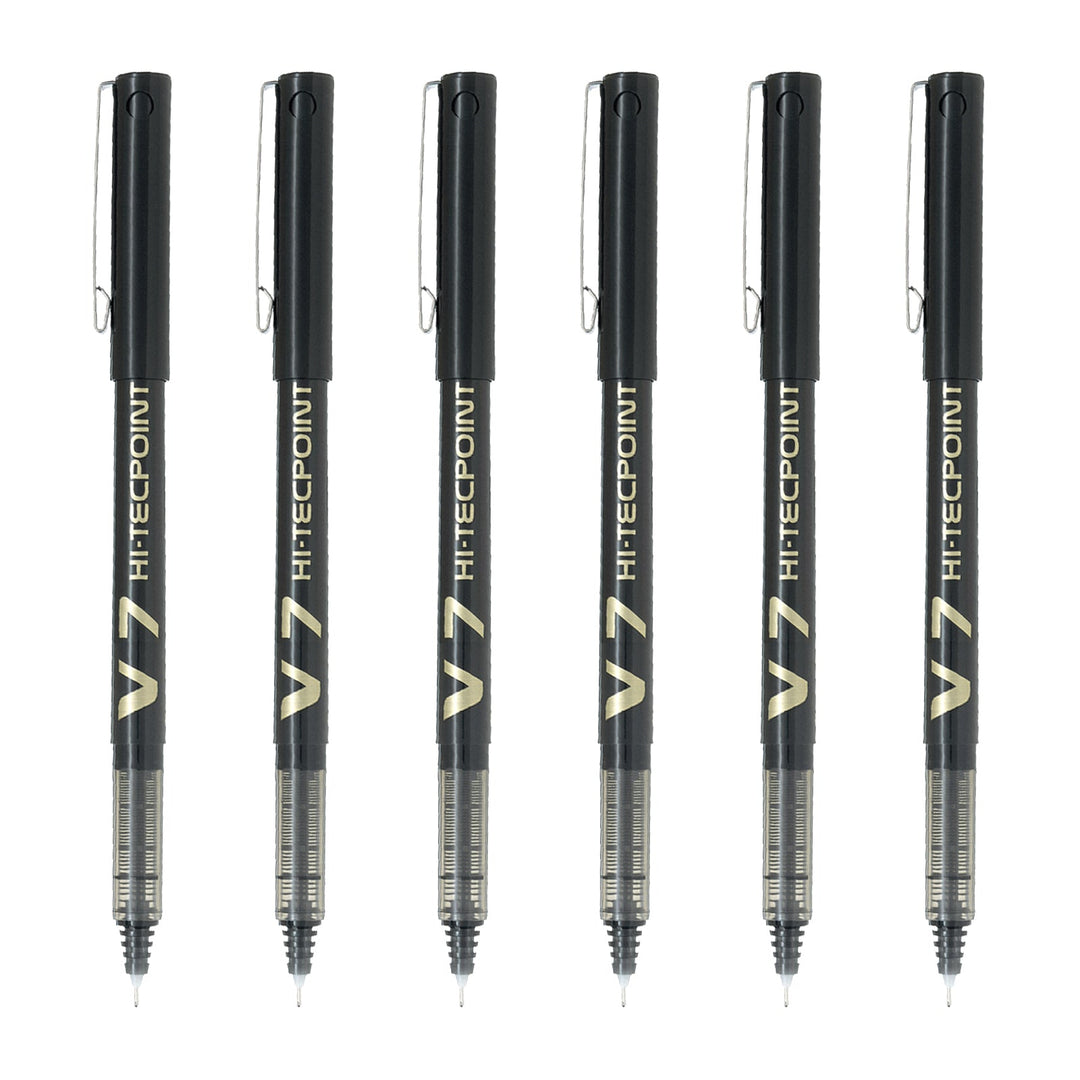 PILOT- Set de 6 Bolígrafos Roller V7 HI-TECPOINT Punta Fina 0.7 mm. Negro