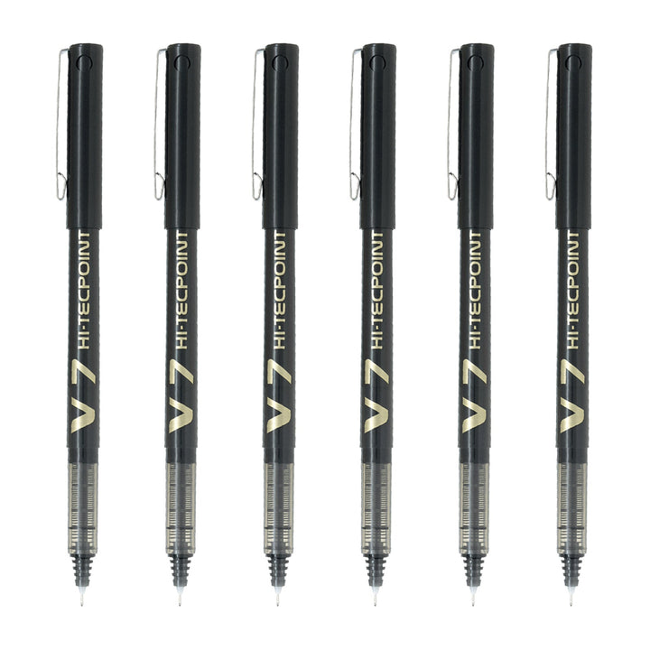 PILOT- Set de 6 Bolígrafos Roller V7 HI-TECPOINT Punta Fina 0.7 mm. Negro
