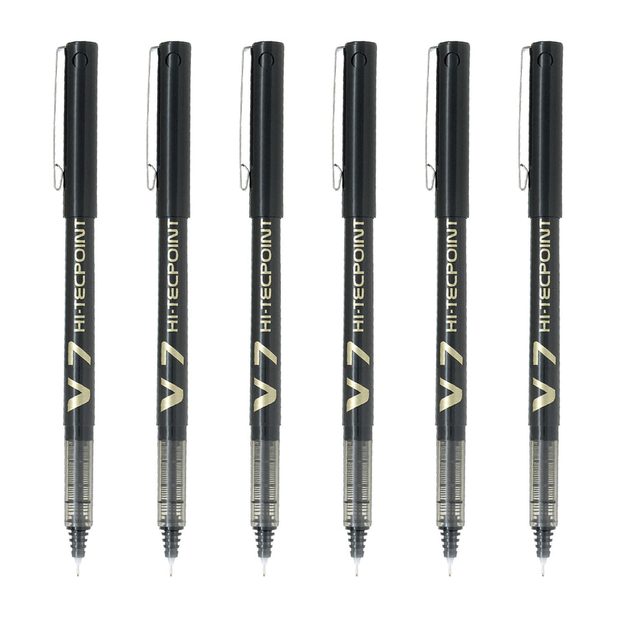 PILOT- Set de 6 Bolígrafos Roller V7 HI-TECPOINT Punta Fina 0.7 mm. Negro