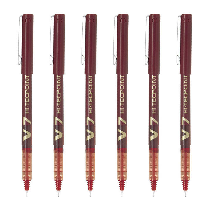 PILOT- Set de 6 Bolígrafos Roller V7 HI-TECPOINT Punta Fina 0.7 mm. Rojo