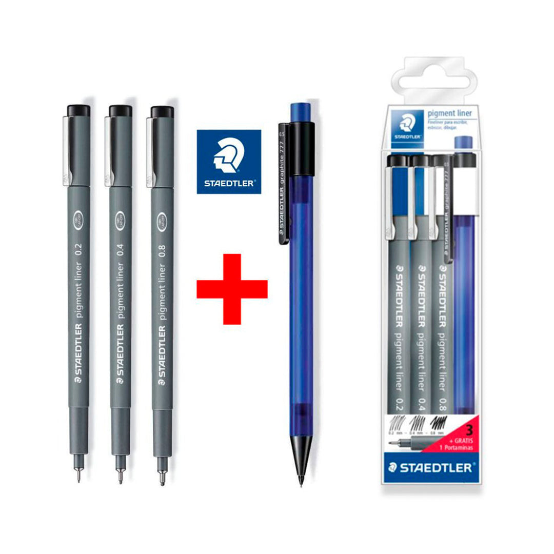 STAEDTLER Fineliner - Set de Escritura Creativa con 3 Rotuladores Pigment Liner y 1 Portaminas