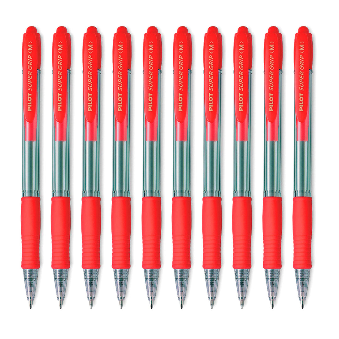 PILOT - Caja de 10 Bolígrafos Super Grip Retráctil de Punta Media Tinta en Aceite. Rojo