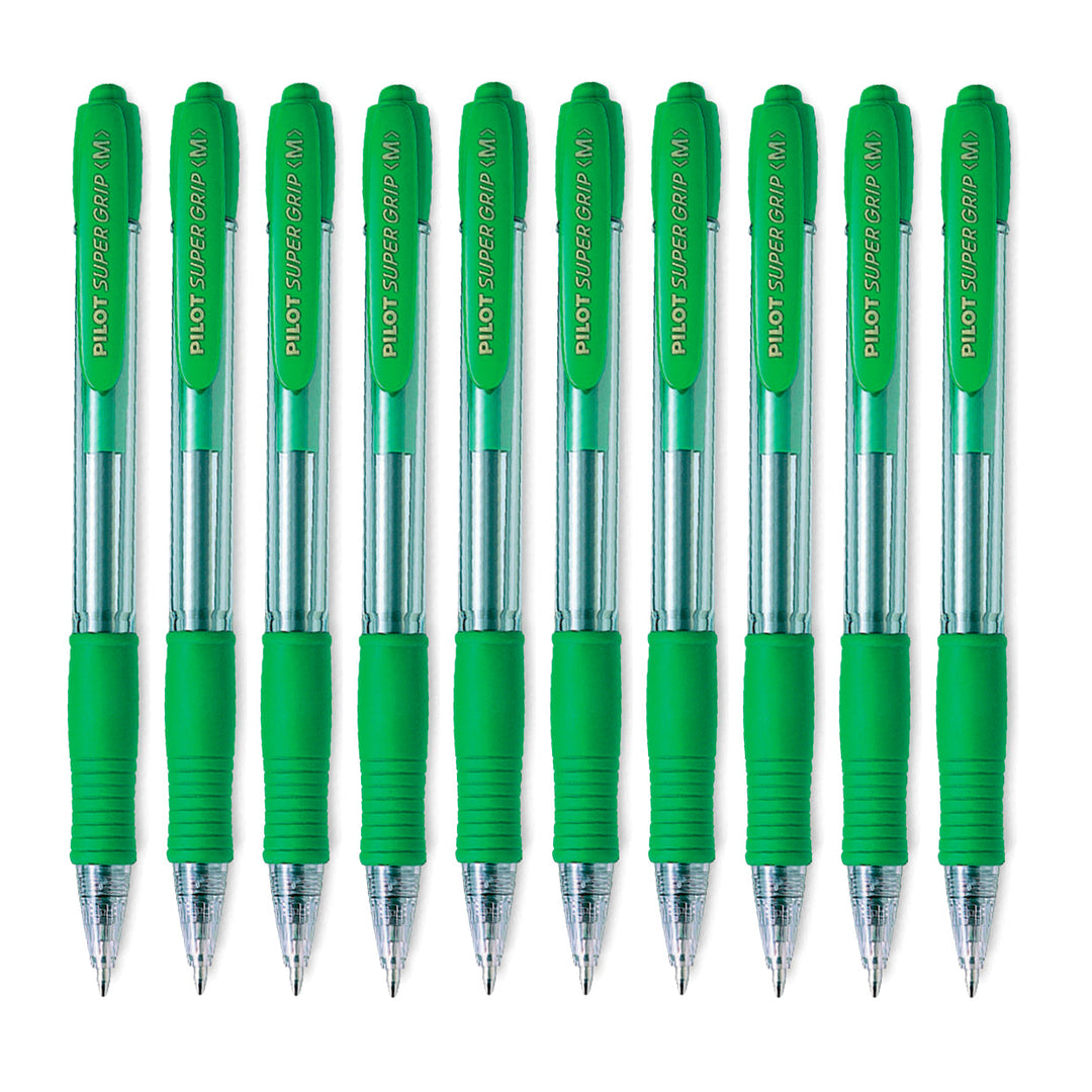PILOT - Caja de 10 Bolígrafos Super Grip Retráctil de Punta Media Tinta en Aceite. Verde