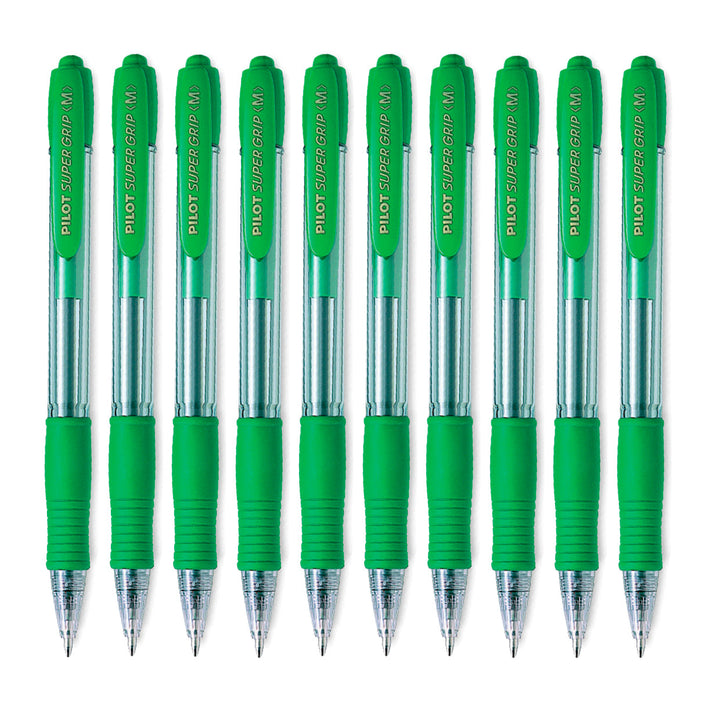 PILOT - Caja de 10 Bolígrafos Super Grip Retráctil de Punta Media Tinta en Aceite. Verde
