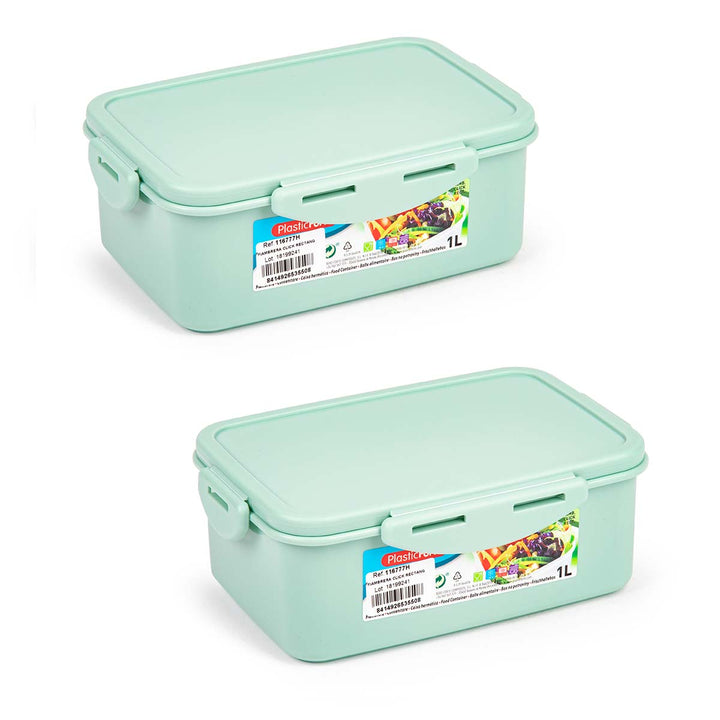 Plastic Forte Click - Juego de 2 Recipientes Rectangulares de 1L para Alimentos. Verde