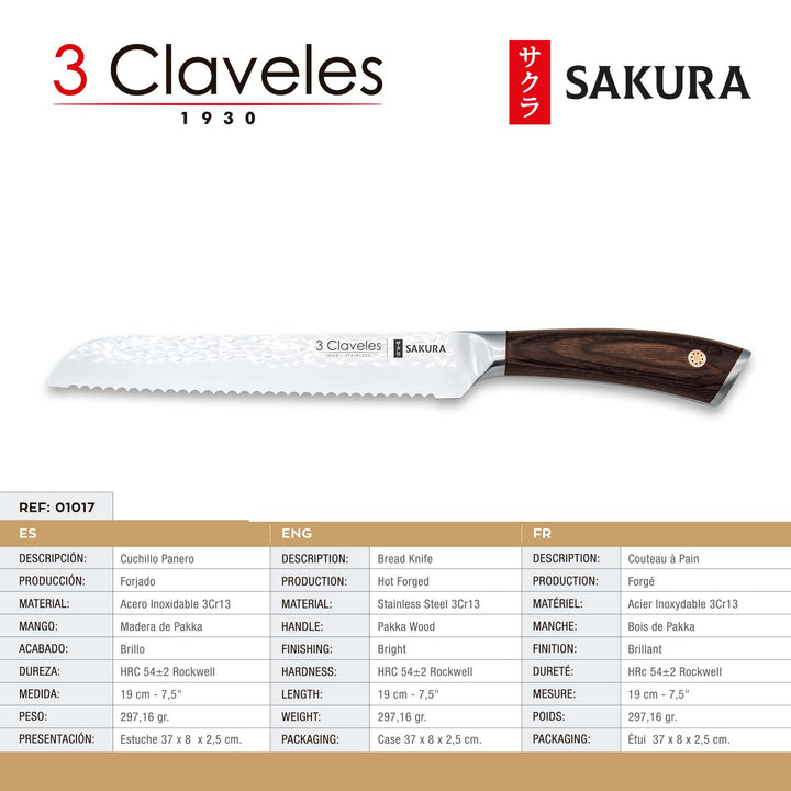 3 Claveles Sakura - Cuchillo Panero 19 cm Acero Forjado con Hoja Martilleada