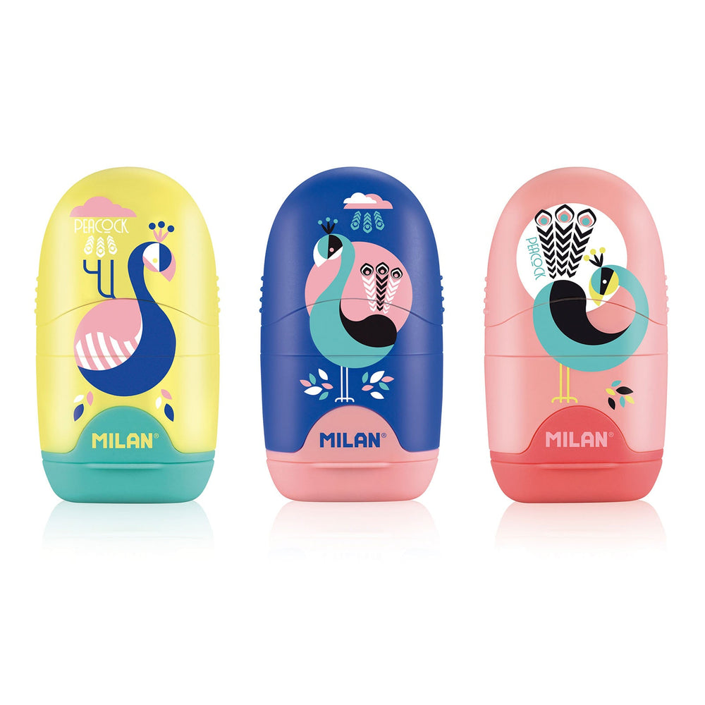 MILAN CAPSULE Peacock - Caja Expositora Afilaborra. Combinación de Goma y Sacapuntas. Colores Surtidos.