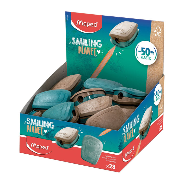MAPED Smiling Planet - Sacapuntas Estándar con Depósito en Madera FSC