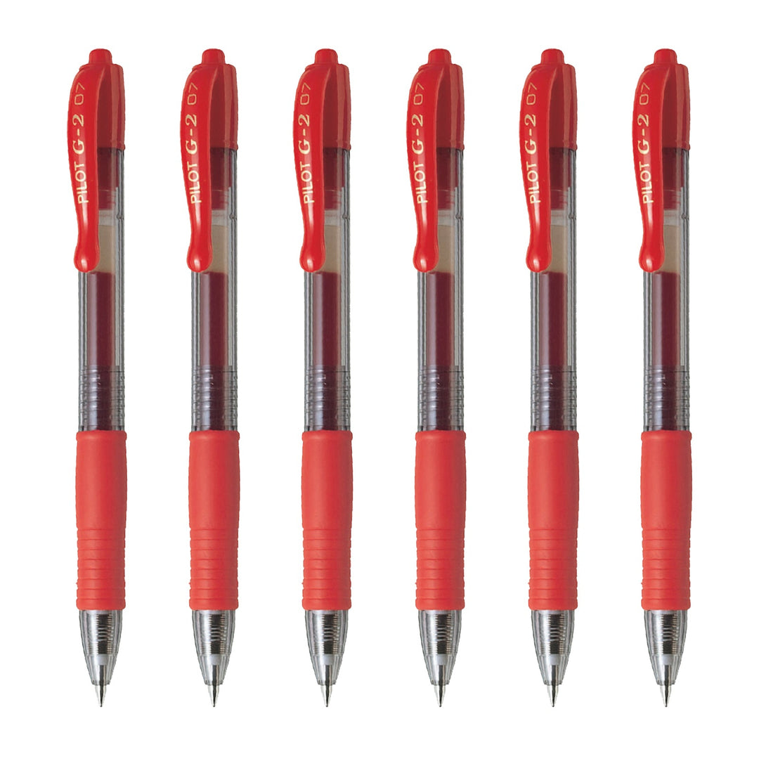 PILOT - Set de 6 Bolígrafos G-2 Roller Retráctil Punta Fina 0.7 mm Tinta de Gel. Rojo