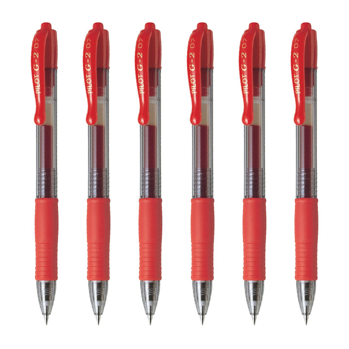 PILOT - Set de 6 Bolígrafos G-2 Roller Retráctil Punta Fina 0.7 mm Tinta de Gel. Rojo