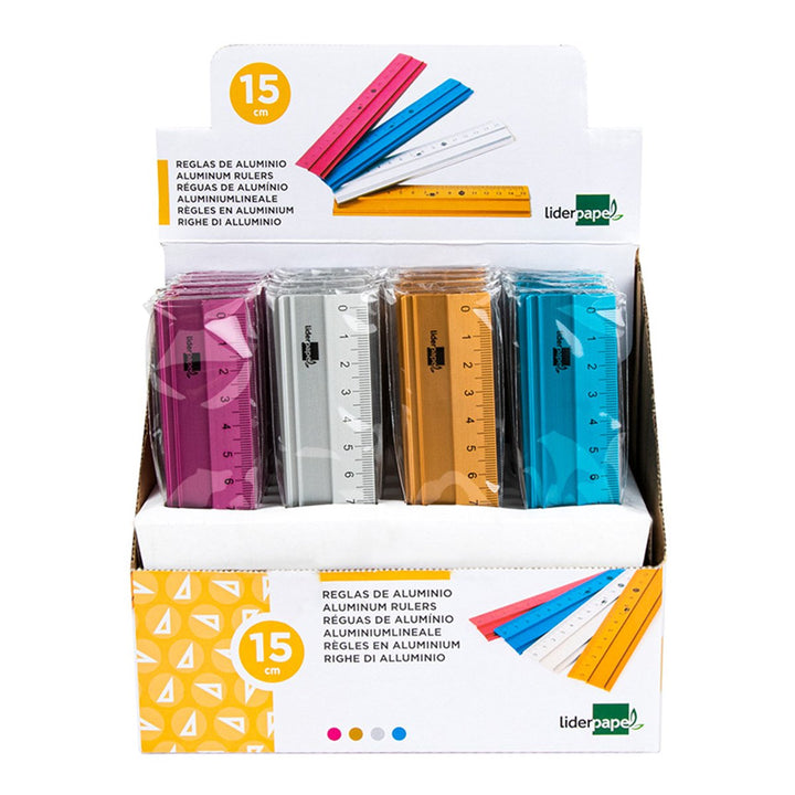 LIDERPAPEL RG08 - Regla de Aluminio con Base Biselada, 15 cm. Especial Estuches