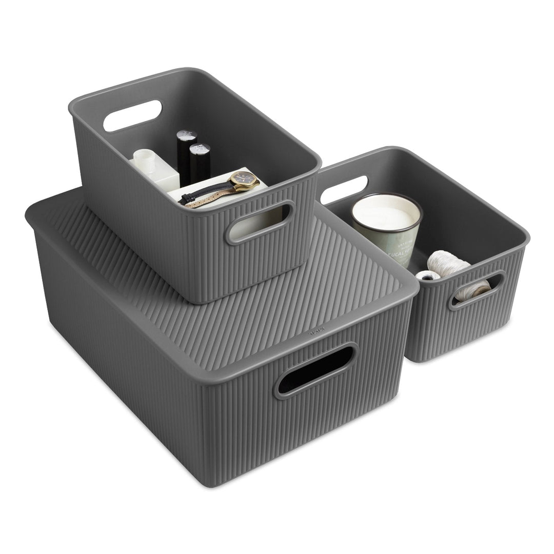 TATAY Baobab - Set de 3 Cajas Organizadoras Grandes con Tapa en Plástico PP05. Gris Antracita
