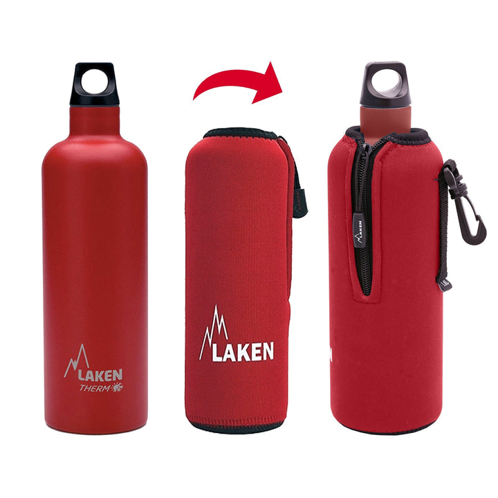 LAKEN - Funda de Neopreno para Botellas de 0.6L con Mosquetón y Trabilla. Rojo