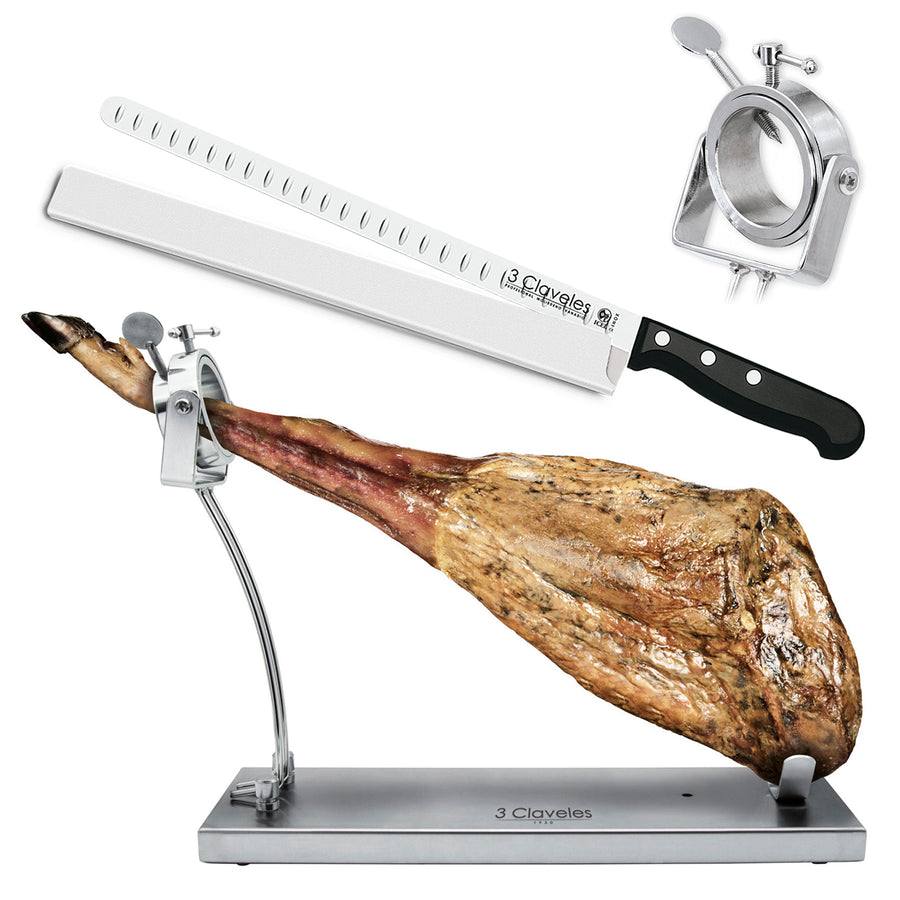 3 Claveles 01737 - Kit Soporte Jamonero Plegable Inox. con Cuchillo POM 29 cm y Funda