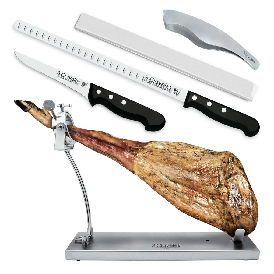 Claveles 01737 - Kit Soporte Jamonero Plegable Inox., Cuchillo, Deshuesador, Pinzas y Funda