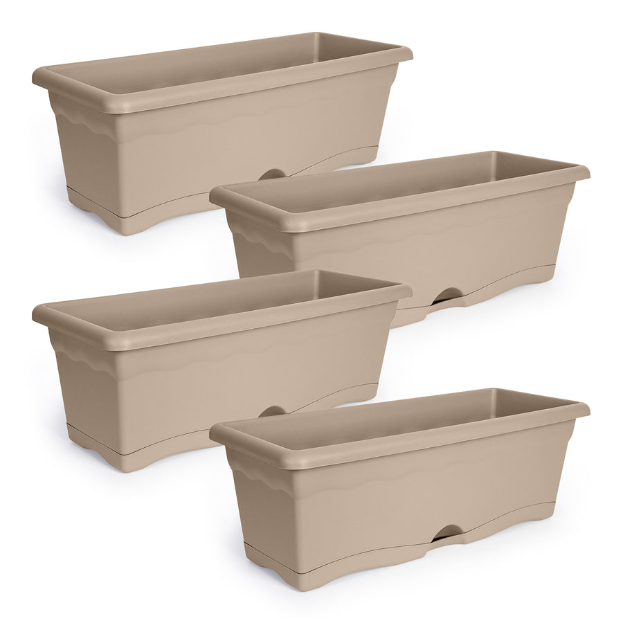 Plastiken TERRA - Set de 4 Jardineras con Plato Integrado. Medida 50 cm 10L. Taupe