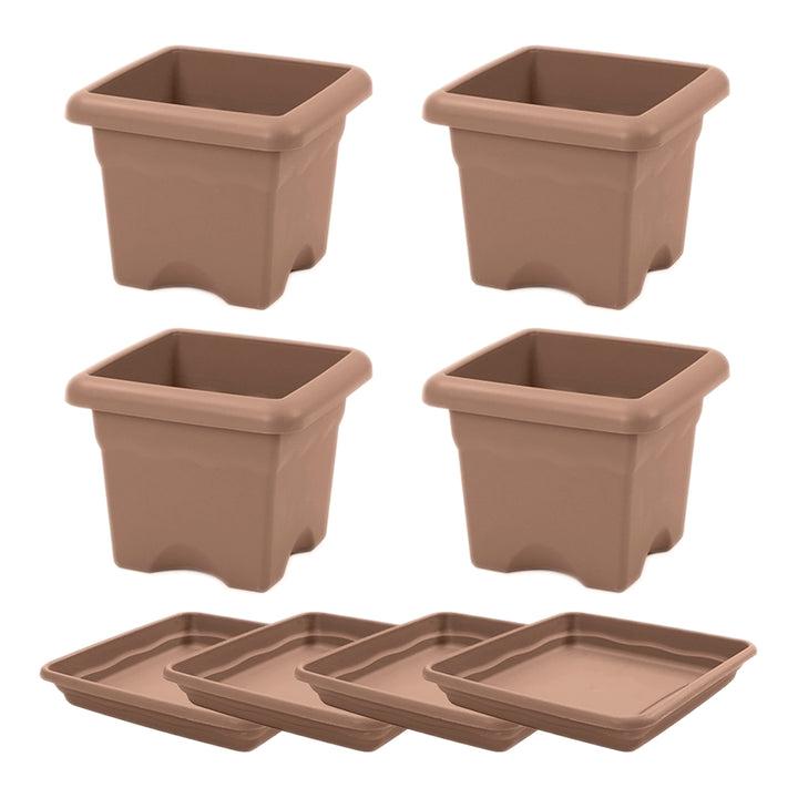 Plastiken TERRA - Set de 4 Macetas Cuadradas con Platos Incluidos. Medida 22 cm 4L. Taupe