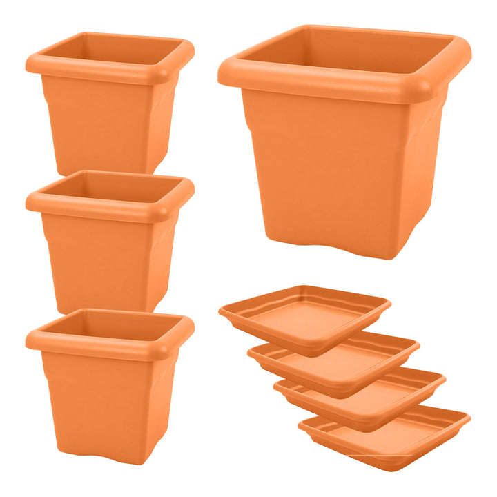 Plastiken TERRA - Lote de 4 Macetas Cuadradas con Platos Incluidos. Medida 33 cm 14L. Terracota