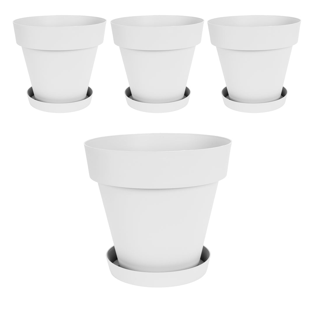 Plastiken TES - Set de 4 Macetas Redondas con Platos Incluidos. Medida 22 cm 4.5L. Blanco