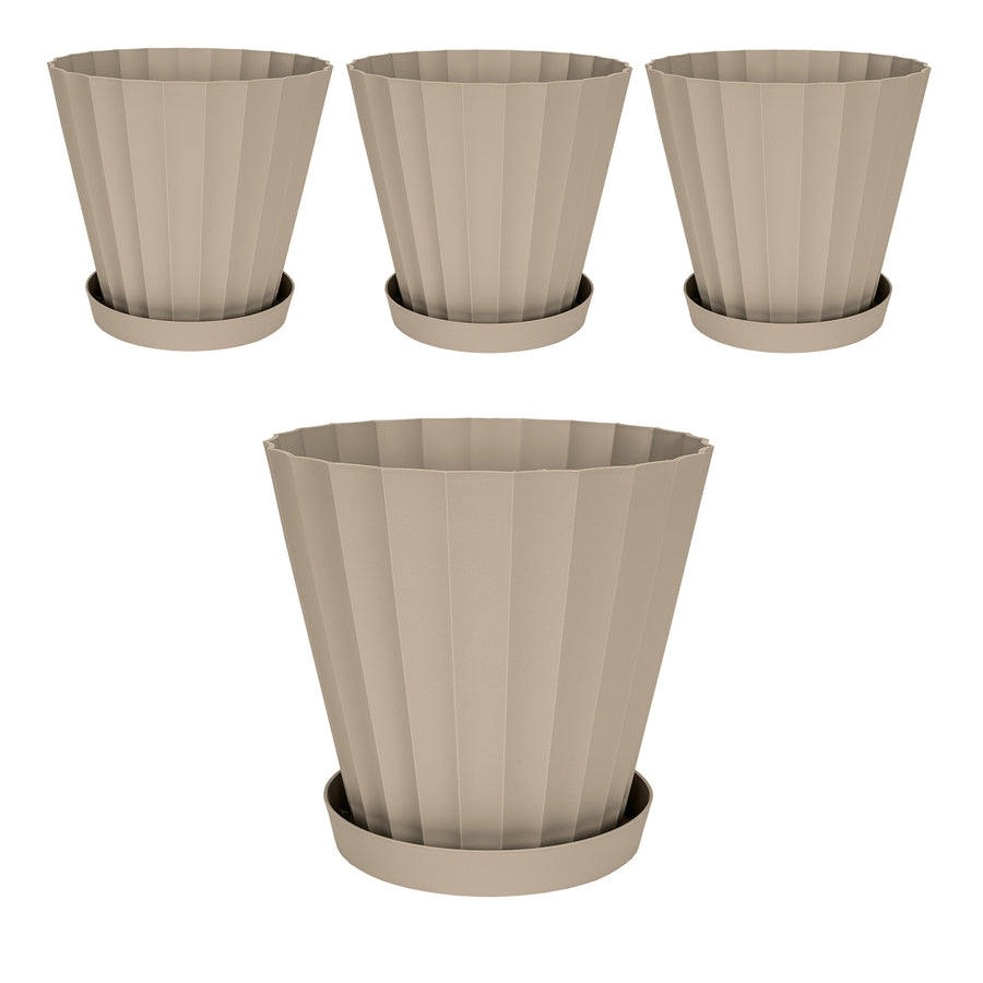 Plastiken DORIC - Set de 4 Macetas Redondas con Platos Incluidos. Medida 22 cm 5L. Taupe