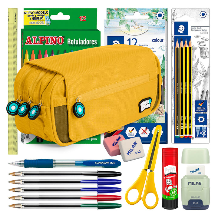 ColePack BitsBobs - Estuche Triple de 3 Cremalleras con Material Escolar Incluido. Amarillo