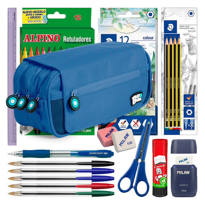 ColePack BitsBobs - Estuche Triple de 3 Cremalleras con Material Escolar Incluido. Azul