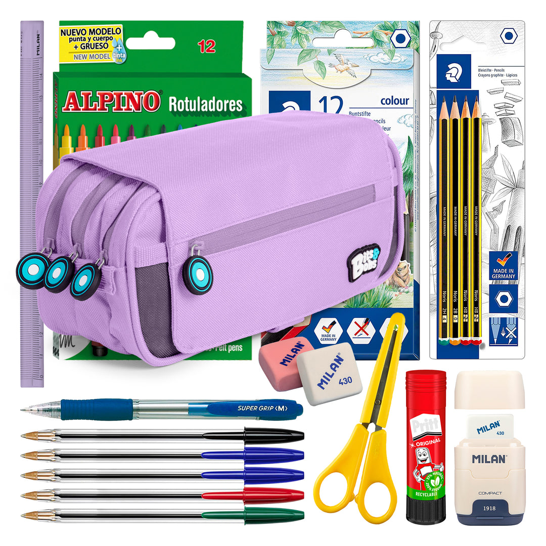 ColePack BitsBobs - Estuche Triple de 3 Cremalleras con Material Escolar Incluido. Lavanda