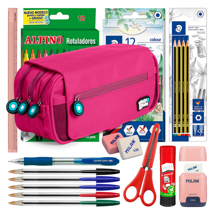 ColePack BitsBobs - Estuche Triple de 3 Cremalleras con Material Escolar Incluido. Magenta