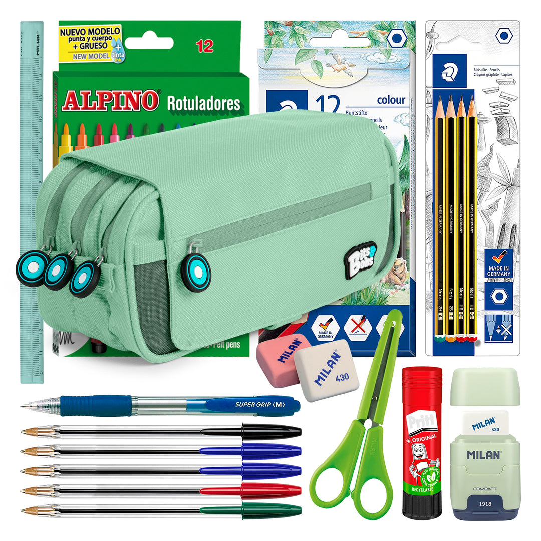 ColePack BitsBobs - Estuche Triple de 3 Cremalleras con Material Escolar Incluido. Mint Soft