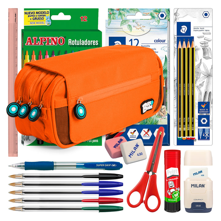 ColePack BitsBobs - Estuche Triple de 3 Cremalleras con Material Escolar Incluido. Naranja