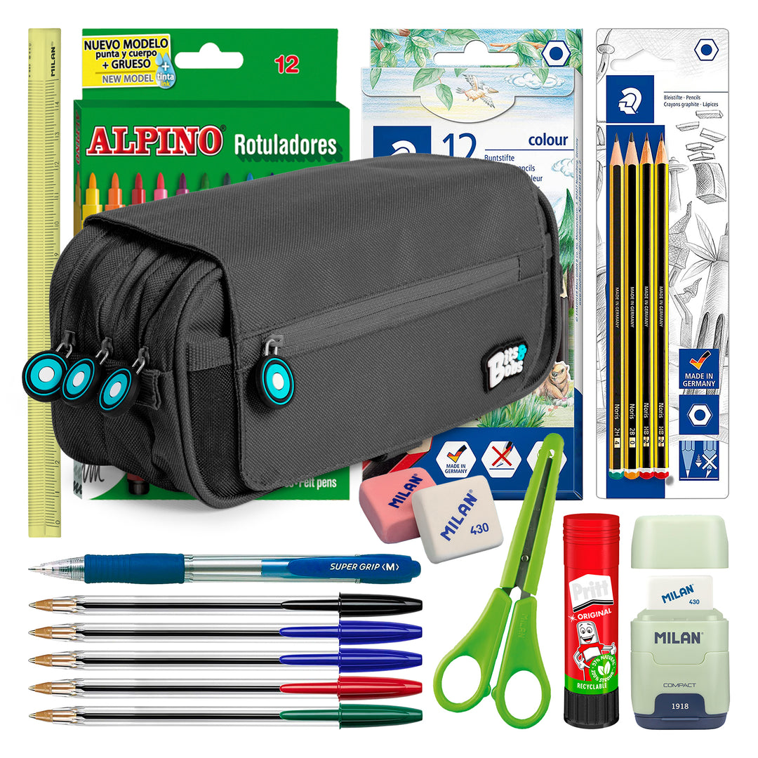 ColePack BitsBobs - Estuche Triple de 3 Cremalleras con Material Escolar Incluido. Negro